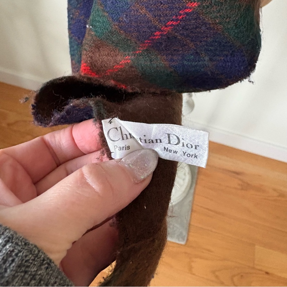 Christian Dior Vintage Acrylic Knit Brown Blue Plaid Fringe Trim Scarf One Size - Picture 7 of 12